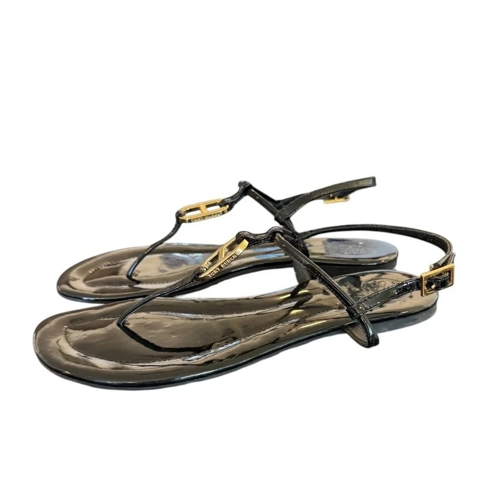 Tory Burch Womens Patent Sandals 7M Black T‎ Strap Thong Gold Link Minimalist